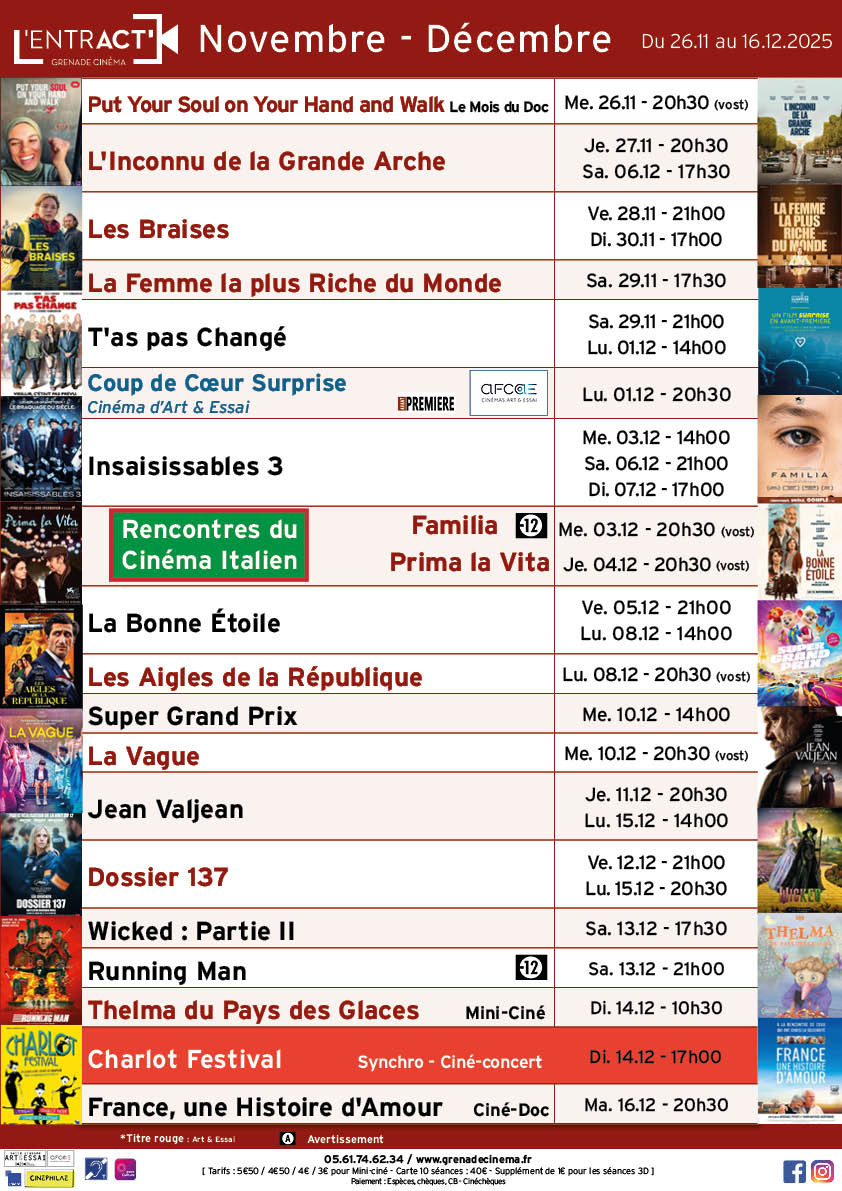entract-Affiche-nov-dec-2025-sem 49 à 51 Affiche Grenade Cinéma - Le Clap - ciné-club 15-25 ans