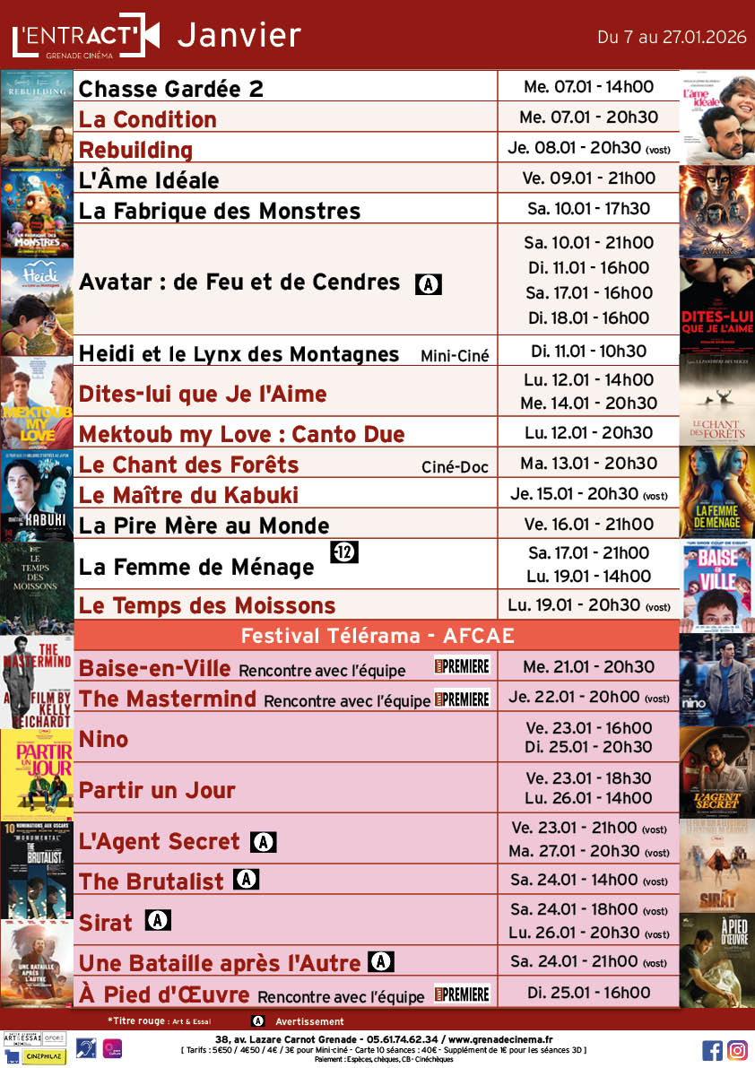 entract-Affiche-jan-2026-sem 2 à 4 Affiche Grenade Cinéma - Le Clap - ciné-club 15-25 ans