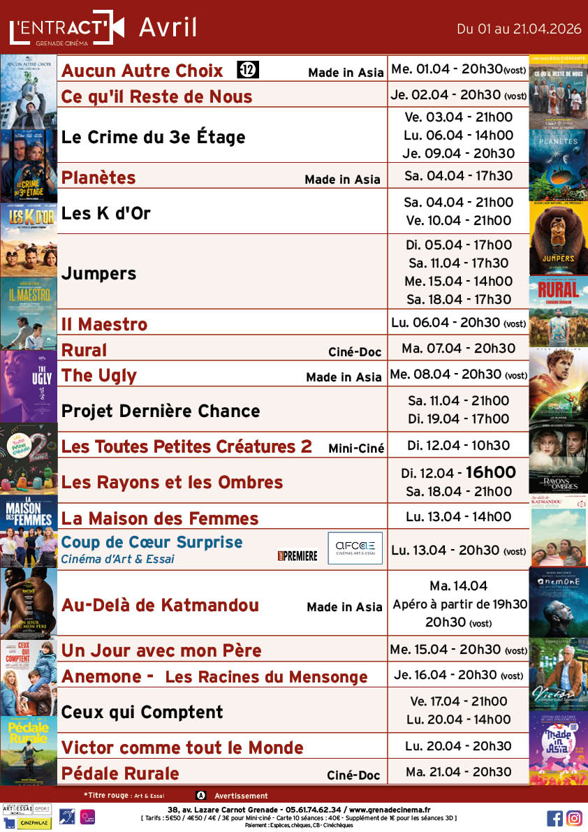 entract-Affiche-Avril 2026-sem 14 à 16 Affiche Grenade Cinéma - Le Clap - ciné-club 15-25 ans