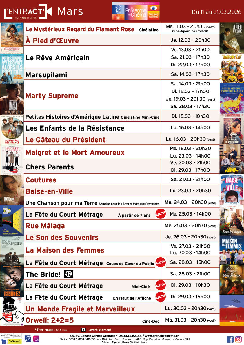 entract-Affiche-mars-2026-sem 11 à 13 Affiche Grenade Cinéma - Le Clap - ciné-club 15-25 ans