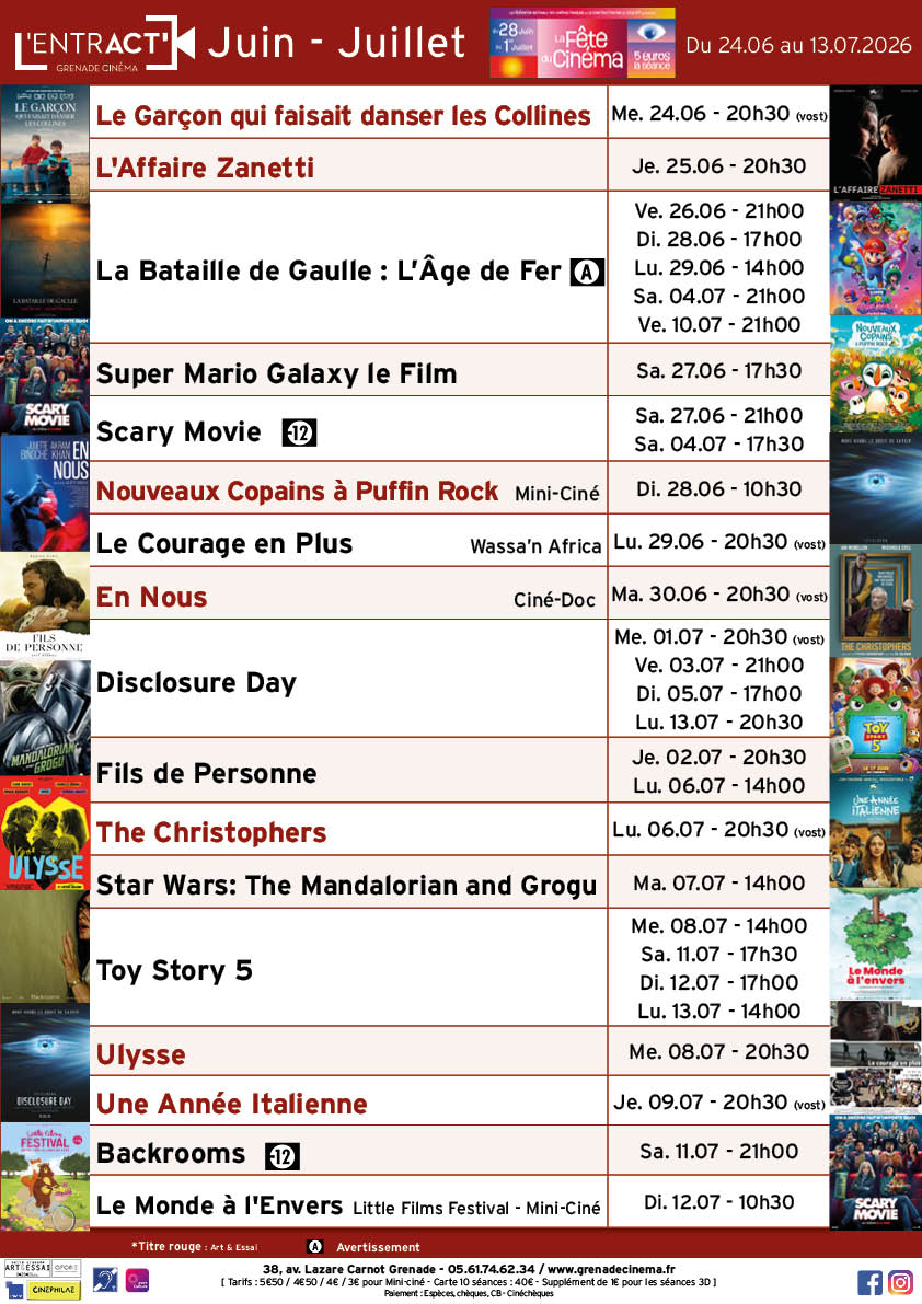 entract-Affiche-Juin-juillet 2026-sem 26 à 28 Affiche Grenade Cinéma - Le Clap - ciné-club 15-25 ans
